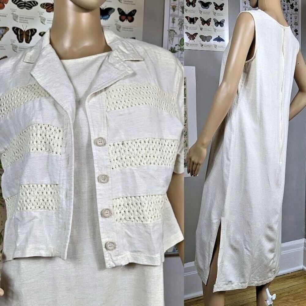 Vintage 90s Katlyn O'Farrel Dress Jacket Set Crochet Linen Cream Size Petite 12